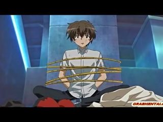 Roped hentai youngster xem cô ấy lassie bạn bè gangbang qua bandits