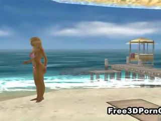 First-rate 3D cartoon blonde masturbating on the beach