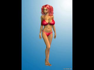 3d redhead with huge susu in a red bikini